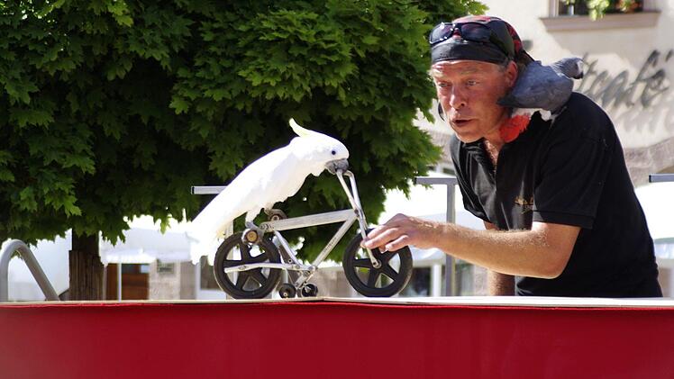 Andy Herrmanns mit seinem Lieblingskakadu Maria, der er das Fahrradfahren beibrachte. Foto: Winfried Ehling