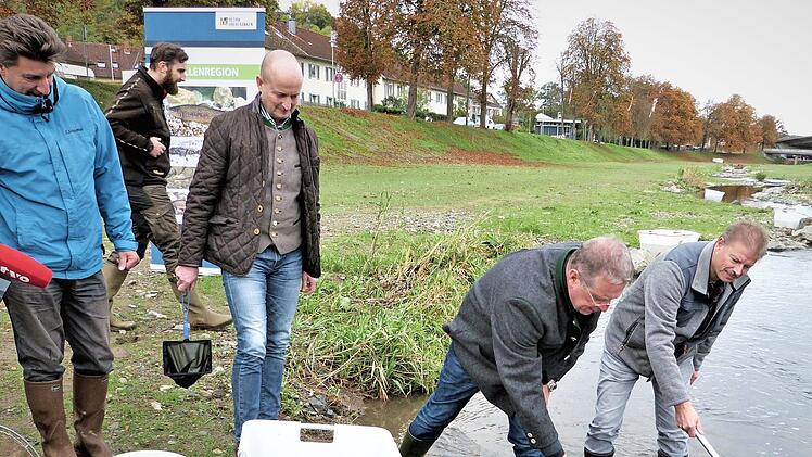 600 Bachforellen und Äschen wurden zum Abschluss einer großen Besatzaktion im Weißen Main eingesetzt. Unser Bild zeigt (von rechts) Frank Podhorn vom Bezirksfischereiverein, Bezirkstagspräsidenten Henry Schramm, Kreisjagdberater Clemens Ulbrich, Thomas Abt von der Gewässeraufsicht des Bezirks und Fachberater Thomas Speierl. Foto: Werner Reißaus