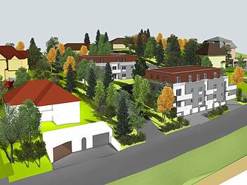 So ähnlich könnte das Stadtbild nördlich der Bergstraße in Forchheim-Ost künftig aussehen. Wo bislang eine Baulücke klafft, hat Architekt Dieter Reck die grau-weißen Wohnblöcke mit den roten Dächern geplant. Foto: Repro FT/Grafik: Architektenbüro Reck