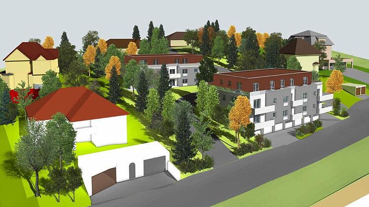 So ähnlich könnte das Stadtbild nördlich der Bergstraße in Forchheim-Ost künftig aussehen. Wo bislang eine Baulücke klafft, hat Architekt Dieter Reck die grau-weißen Wohnblöcke mit den roten Dächern geplant. Foto: Repro FT/Grafik: Architektenbüro Reck