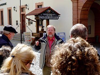 Reiner Stein erzählt den Teilnehmern eines Gästeführerseminars vom Weinbau in Hammelburg. Foto: Archiv/Gerd Schaar