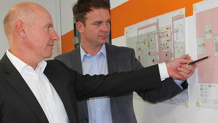 Günther Hein (links) und Georg-Stephan Wilkening geben seit einigen Monaten bei der Ago AG die Richtung vor. Das Unternehmen baut Energieversorgungsanlagen und besitzt Patente auf Konstruktionen nach dem Wirkprinzip der Kraft-Wärme-Kälte-Kopplung, hier zu sehen auf einer Planskizze. Foto: Jochen Nützel