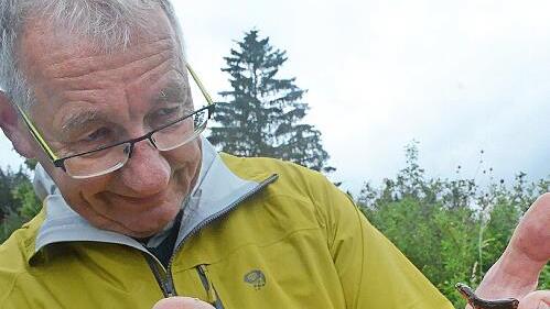 Dietrich F&ouml;rster, hier mit einem Fadenmolch, ist f&uuml;r Naturschutzprojekte beim Frankenwald zust&auml;ndig.