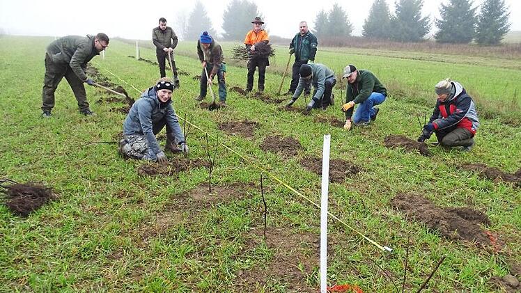 Unter Leitung von Referent Hubert Kelle und Projektbeauftragter Michael Büttner (Fünfter und Sechster von links) pflanzten sieben Jungjägerinnen und Jungjäger des aktuellen Ausbildungskurses ehrenamtlich in Nordhalben eine Vogelschutzhecke im Rahmen des "Marktplatzes der biologischen Vielfalt".  Foto: Norbert Neugebauer