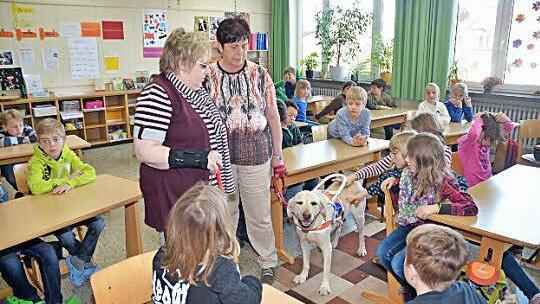 Blindenhund "Dandy" war der Stargast in der Schule Reitsch. Er faszinierte die Schüler der Klasse 3 b durch außergewöhnliche Fähigkeiten. Mit im Bild die beiden Blindenhundeführerinnen Isabella Mittelsdorfer (links) und Brigitte Münzel.  Foto: Karl- Heinz Hofmann