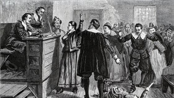 Szene im Gerichtssaal zu  Salem (Illustration von 1876)