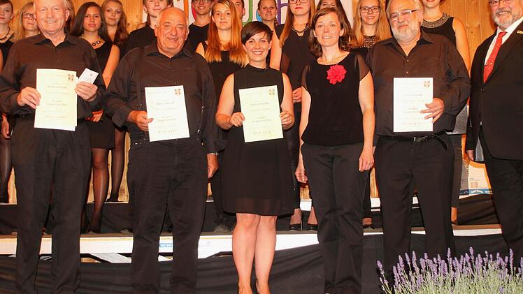 Der Vorsitzende der Sängergruppe Schweinfurt-Land Wolfgang Sittler zeichnete Dieter Schömig, Ursula Bauer, Sonja Wißmüller, Ludwig Pflaum und Werner Rüpplein (von rechts) aus. Foto: Günther Geiling