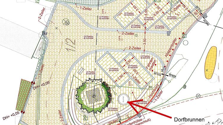 Es dreht sich nur um den grün umrandeten Bereich und die Abstufung zum Gehsteig. Das übrige Pflaster ist bereits verlegt.  Grafik: Planungsbüro