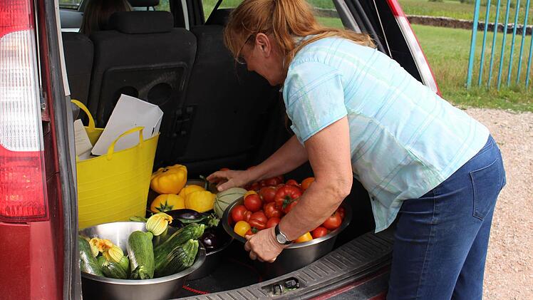 Monika Pflaum transportiert die Früchte ab und verarbeitet sie. Tomatensoße vertilgen die Kinder auf dem Heinershof in Unmengen.