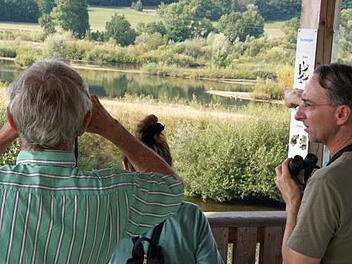 Waldwasserläufer, Silberreiher, Rostgänse und zwei Störche waren auf dem Aussichtsturm gut zu beobachten mittels technischem Equipment. Rechts ist Jan Ebert vom Landesbund für Vogelschutz, der zusammen mit Walter Näher und Bernd Flieger die Exkursion leitete. Foto: Mario Deller
