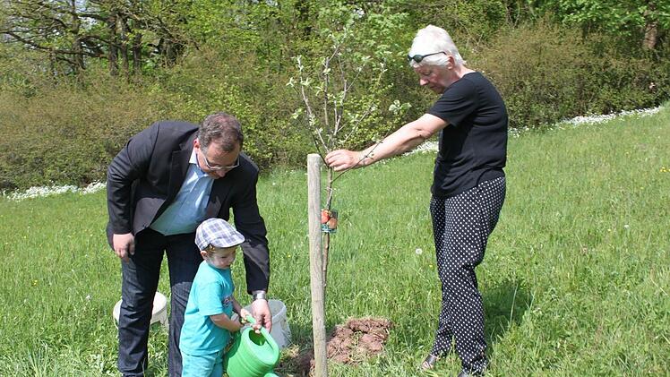 Auch Gisela Cesaro pflanzte einen Apfelbaum für ihre fünf Monate alte Enkelin. Der kleine Philipp Mitter (auch Bild unten) und der Förster der Stadt Kronach, Ulli Dautel, unterstützten die stolze Oma bei der Arbeit.  Fotos: Veronika Schadeck