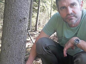 Der Gesch&auml;ftsf&uuml;hrer der WBV Frankenwald Hubert Helm unterst&uuml;tzt den Waldbesitzer bei der Bohrmehlsuche. Foto: K.H. Hofmann