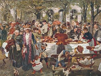 Das Morgenbüffet der Feinbäcker von Adolph von Menzel (1893) zeigt die Kissinger Kurgesellschaft. Damals kam jeder fünfte Gast aus dem Ausland. Quelle: Stadtarchiv Bad Kissingen/Sammlung Reinisch