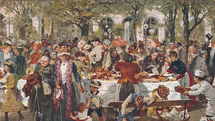 Das Morgenbüffet der Feinbäcker von Adolph von Menzel (1893) zeigt die Kissinger Kurgesellschaft. Damals kam jeder fünfte Gast aus dem Ausland. Quelle: Stadtarchiv Bad Kissingen/Sammlung Reinisch