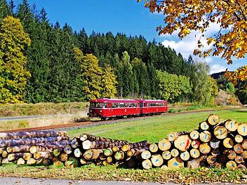 Der rote Schienenbus der Eisenbahnfreunde im herbstlichen Frankenwald Foto: Eisenbahnfreunde Rodachtalbahn