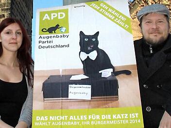 Anja Krauß und Benjamin Apel haben sich den Spaß mit der "Augenbaby Partei Deutschland" ausgedacht und in der Stadt Lichtenfels neun Plakate aufgestellt.  Foto: Matthias Einwag