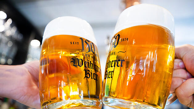 Zwei Bierkr&uuml;ge mit "Weiherer Bier" sto&szlig;en an. Die Brauerei Kundm&uuml;ller verk&ouml;rpert den Bundestrend hin zu alkoholfreiem Bier.
