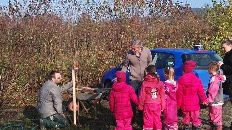 Der Kindergarten erhielt eine Säulenkirsche, die Vereinsmitglieder spendeten und pflanzten.