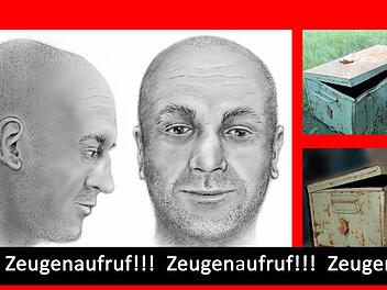Das rekonstruierte Foto des unbekannten Toten aus der Elbe. Daneben ist die Metallkiste zu sehen, in der der Mann lag. Fotos: Polizei