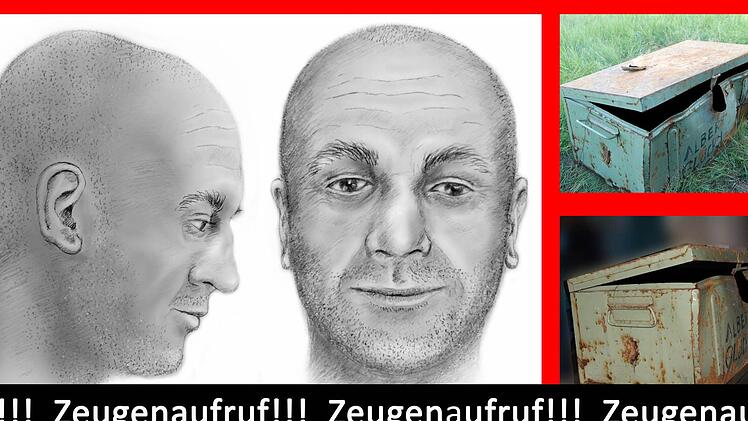 Das rekonstruierte Foto des unbekannten Toten aus der Elbe. Daneben ist die Metallkiste zu sehen, in der der Mann lag. Fotos: Polizei