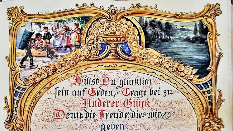 Schmuckseite "Zur freundlichen Erinnerung an die feierliche Überreichung der Ehrenbürgerrechts-Urkunde am 10. Mai 1923" an den in Bad Kissingen geborenen, seit 1893 in den USA lebenden Unternehmer und Erfinder Anton T. Kliegl (1872-1927) mit dessen Autogramm.Sigismund von Dobschütz