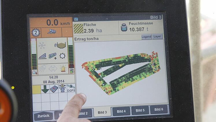 Die mittels GPS und Ertragsmessgerät ermittelten Daten des Feldes werden auf einer Karte dargestellt. Grün steht für hohen Ertrag.  Foto: Sebastian Martin