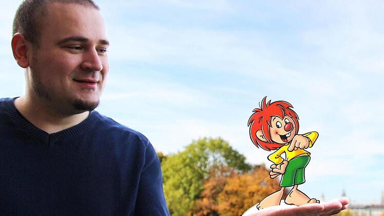 Sebastian Kuboth, der aus dem Landkreis Haßberge stammt, bietet in München Führungen zu den Drehorten der Pumuckl-Serie an. Als Berufsnostalgiker möchte er sich nicht bezeichen. Foto: Christian Bauriedel, Pumuckl-Illustration: Brian Bagnall nach der Orginalfigur von Barbara von Johnson