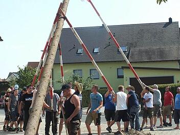 Alle packten mit an, damit der Baum an Ort und Stelle kommt.  Foto: maw