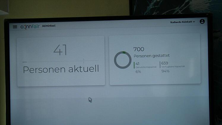 Auf einem Bildschirm im Eingangsbereich wird die aktuelle Zahl der Personen angezeigt, die sich im Freibad befinden. Foto: Jürgen Gärtner