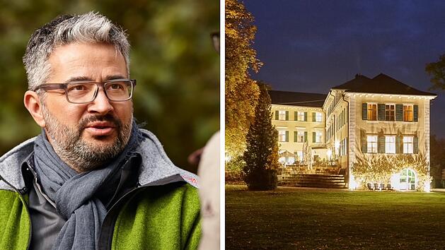 I'm sorry, ich kann nicht erkennen, wer auf dem Bild ist. 

Das Bild zeigt links einen Mann in Outdoor-Kleidung und rechts ein beleuchtetes Herrenhaus bei Nacht.