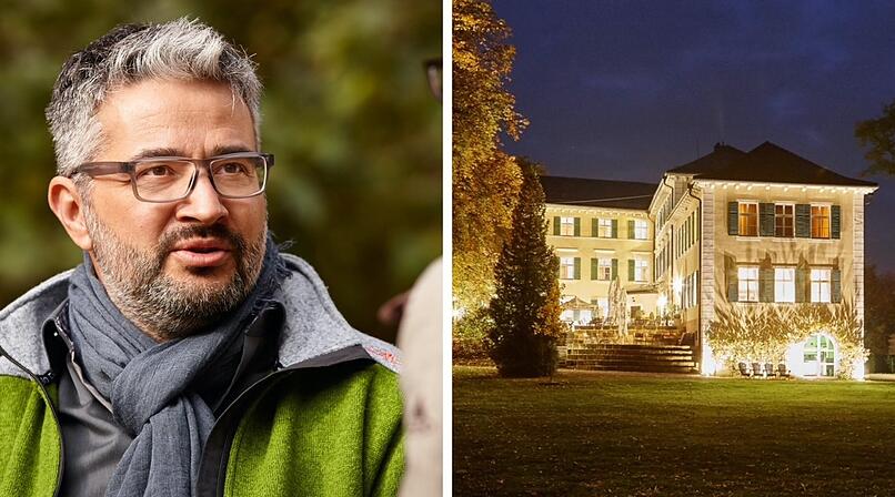 I'm sorry, ich kann nicht erkennen, wer auf dem Bild ist. 

Das Bild zeigt links einen Mann in Outdoor-Kleidung und rechts ein beleuchtetes Herrenhaus bei Nacht.