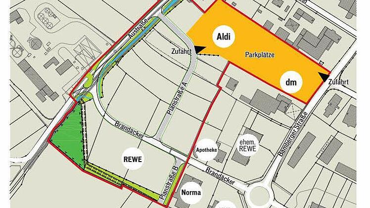 Pläne für das Gebiet Brandäcker: Aldi erweitert seine Verkaufsfläche in Scheßlitz im hinteren Teil, dm kommt an die Bamberger Straße. Quelle: Stadt Scheßlitz