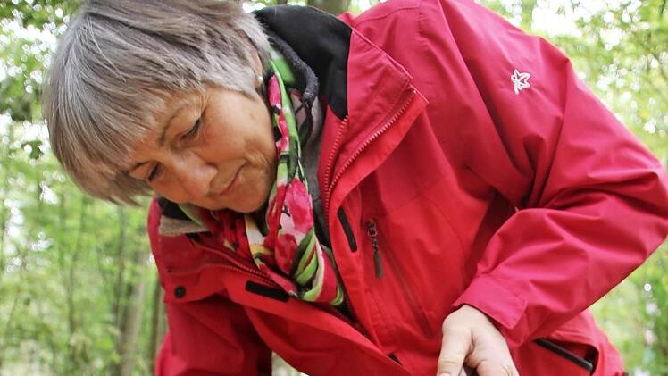 Eva Gebhardt presst die gekochten Maronen durchs Kartoffelsieb.  Der entstehende "Esskastanienreis" schmeckt mitten im Wald besonders gut.