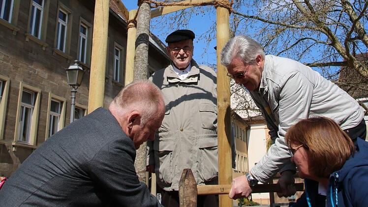 Luise Meyer-Bieber, Roman Jonas und Karl Beudert besiegelten mit Bürgermeister Helmut Blank offiziell die Baumpatenschaft am Stenayer Platz. Foto: Heike Beudert
