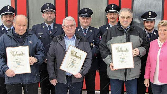 Für 50- und 60-jährige Treue zur Feuerwehr Wickendorf wurden (vorne, von links) Josef Förtsch, Gerhard Porzelt und Günther Beetz geehrt. Ihnen gratulierten (von links) Kreisbrandmeister Frank Fischer, Vorsitzender Matthias Wittmann, Zweiter Vorsitzender Waldemar Zipfel, Kommandant Markus Wachter, stellvertretender Kommandant Andreas Leitz und die Teuschnitzer Bürgermeisterin Gabriele Weber. Foto: Uwe Thoma