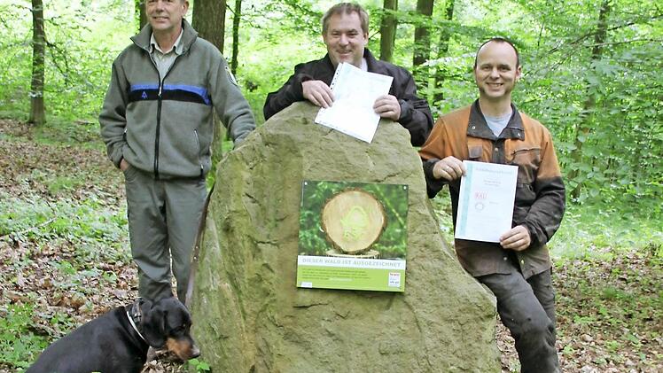 Das Gütesiegel vor der Brust, den vorbildlichen Wald im Hintergrund: Forstamtsrat Wolfgang Gnannt, Holzrücker Georg Ebert und Holzernter und Pflanzer Thomas Birklein (von links). Foto: Ralf Kestel