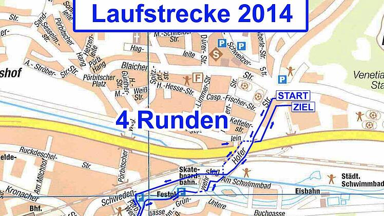 Die Laufstrecke führt vom Mönchshof-Biergarten Richtung Innenstadt. Die 2,5 Kilometer lange Strecke durch den Grünzug mit Wendepunkt an der Stadthalle ist vier Mal zu absolvieren.