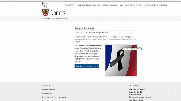 Die Beileidsbekundung auf der Homepage der Gemeinde Dormitz.