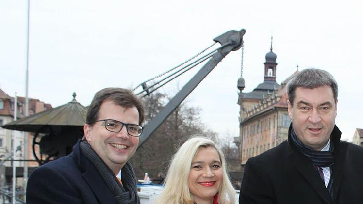 Markus Söder (rechts) mit Bürgermeister Christian Lange und Gesundheitsministerin Melanie Huml bei einem Bamberg-Besuch vor anderthalb Jahren. Foto: Sebastian Martin