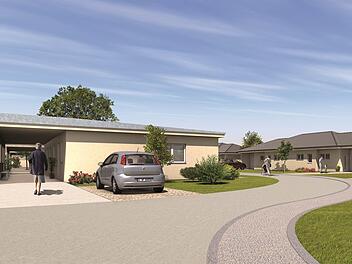 So soll das neue Bungalowdorf in Bad Bocklet aussehen. In den eingeschossigen Gebäuden werden insgesamt 25 seniorengerechte Wohnungen entstehen. Momentan wird die erste öffentliche Auslegung der Bauunterlagen vorbereitet. Bis zum Jahresende könnte ein erstes Musterhaus auf dem Areal im Baugebiet Kleinfeldlein stehen. Foto: Wolf-Haus GmbH/Bernhard John