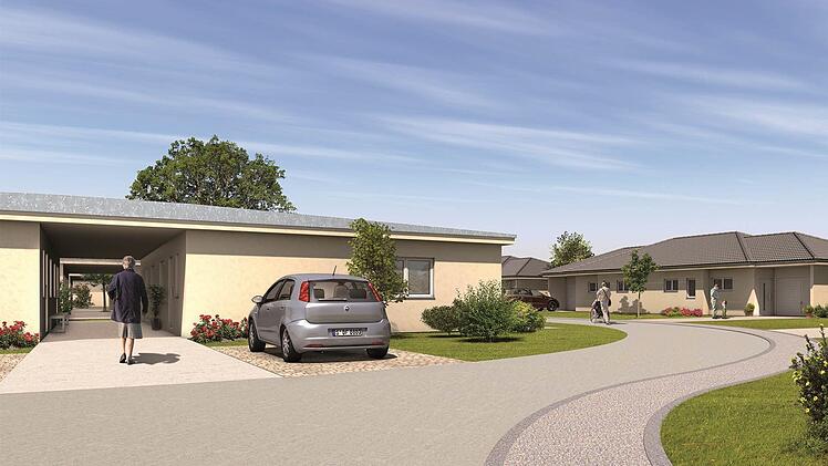 So soll das neue Bungalowdorf in Bad Bocklet aussehen. In den eingeschossigen Gebäuden werden insgesamt 25 seniorengerechte Wohnungen entstehen. Momentan wird die erste öffentliche Auslegung der Bauunterlagen vorbereitet. Bis zum Jahresende könnte ein erstes Musterhaus auf dem Areal im Baugebiet Kleinfeldlein stehen. Foto: Wolf-Haus GmbH/Bernhard John