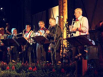 Schlussoffensive der "Moonlight Serenade": Gemeinsam bereiten die Musiker von Old Beertown Jazzband und Semper House Band den 450 Besuchern ein Finale furioso im DDM-Lokschuppen in Neuenmarkt. Fotos: Jochen Nützel
