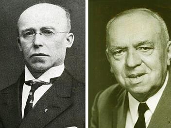 Egid Trost (rechts) und Georg Metz waren Bürgermeister von Bad Brückenau. Ihre Bilder hängen in einer Reihe mit anderen Amtsträgern im Rathaus. Repro: Ulrike Müller/Bildbearbeitung: Gerhard Stumpf