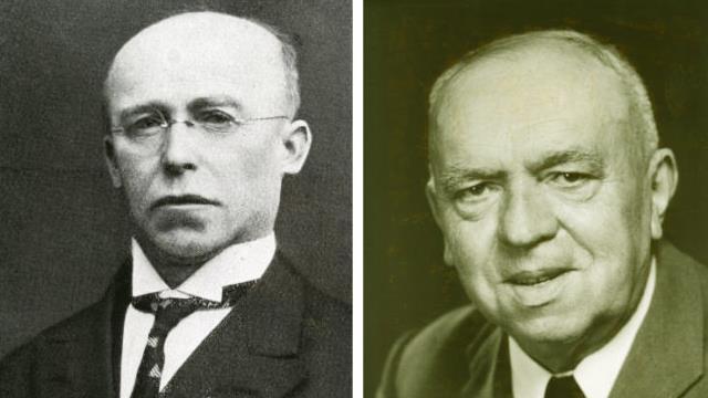 Egid Trost (rechts) und Georg Metz waren Bürgermeister von Bad Brückenau. Ihre Bilder hängen in einer Reihe mit anderen Amtsträgern im Rathaus. Repro: Ulrike Müller/Bildbearbeitung: Gerhard Stumpf