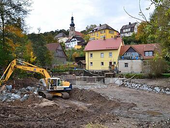 Das trocken gelegte Wehr an der ehemaligen Trebgaster Mühle wird von der Firma Erdbau Ziegler aus Erbendorf derzeit umgebaut. Fotos: Dieter Hübner