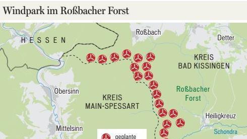 An diesen 19 Stellen im Roßbacher Forst planen Projektentwickler aus Eberswalde einen Windpark. Grafik: Dagmar Klumb / Quelle: Markt Zeitlofs, &euro;-Co-Partner GbR