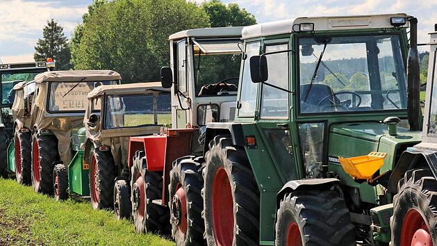 Zur Bulldogparade durch Gro&szlig;wenkheim stellten sich die 120 Traktoren auf. Foto: Dieter Britz