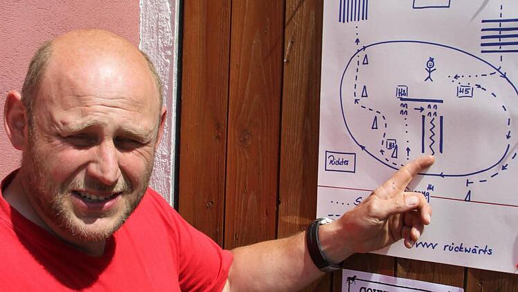 Karlheinz Kuhmann erklärt den Parcours auf dem Reitplatz.