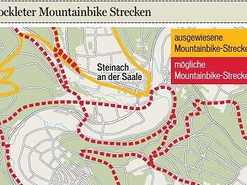 Außer der bereits ausgewiesenen Mountainbike-Strecke (orange) zwischen Aschach und Steinach sind zusätzlich die gestrichelten Wander- und Radwege als mögliche Mountainbikestrecken im Gespräch. Foto: Naturpark & Biosphärenreservat Bayer. Rhön