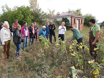 Landwirt Daniel Paschold, Wildlebensraumberater Karl Gommel und Pfarrer Heinrich Arnold (von rechts) gingen mit einigen Interessierten ins Feld und erklärte die Pflanzen der Blühmischung.  Foto: Michael Stelzner